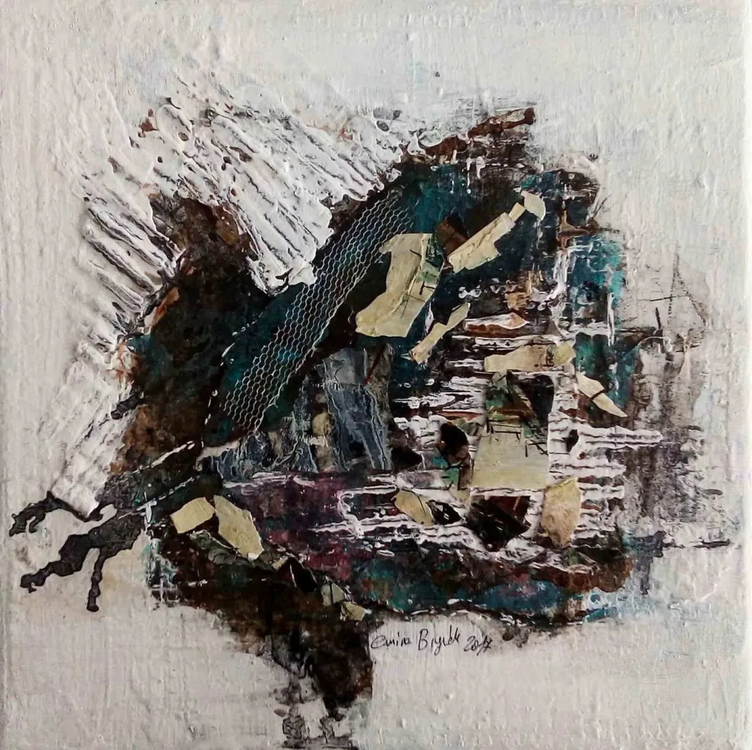EMİNE BIYIKLI — “Boşluğun Sığınakları”, 2017 "Boşluğun Sığınakları" eseri EMİNE BIYIKLI tarafından 2017 yılında 25x25 cm ölçülerinde Tuval üzeri karışık teknik tekniği ile yapılmıştır.