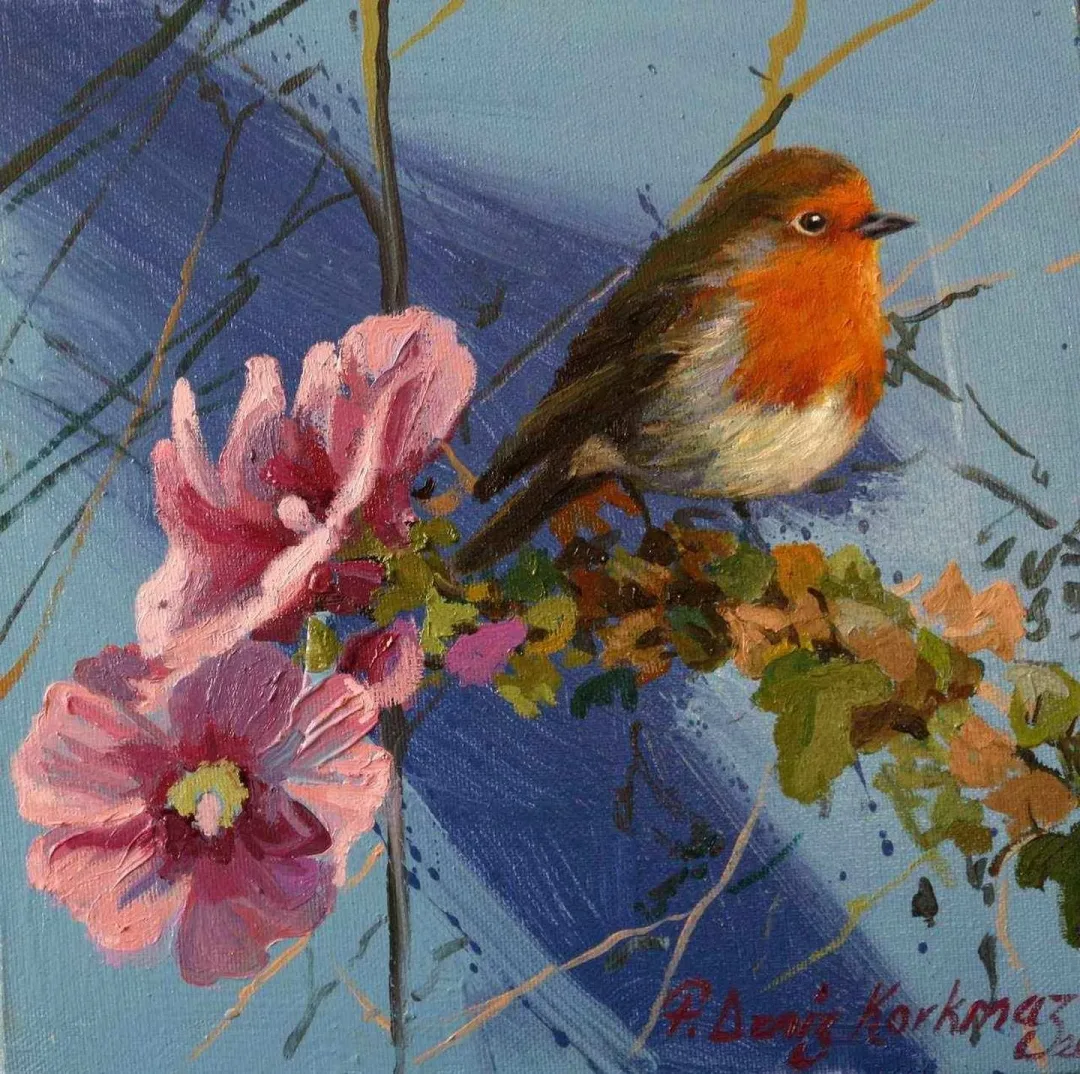 F. DENİZ KORKMAZ — “Gül Hatmi ve Kızılgerdan”, 2017 "Gül Hatmi ve Kızılgerdan" eseri F. DENİZ KORKMAZ tarafından 2017 yılında 25x25 cm ölçülerinde Tuval üzeri yağlı boya tekniği ile yapılmıştır.