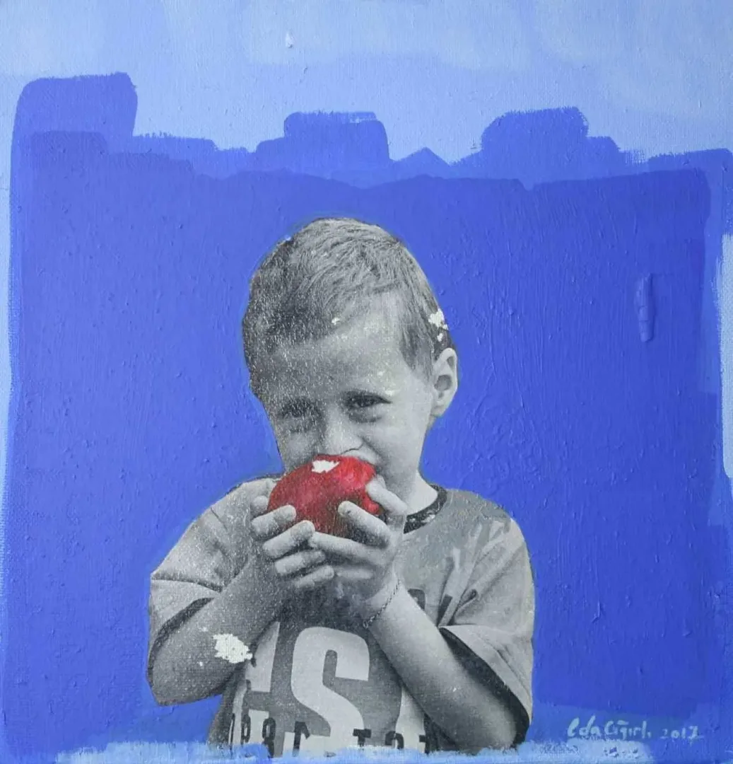 EDA ÇIĞIRLI — “Elma”, 2017 "Elma" eseri EDA ÇIĞIRLI tarafından 2017 yılında 25x25 cm ölçülerinde Tuval üzeri karışık teknik tekniği ile yapılmıştır.