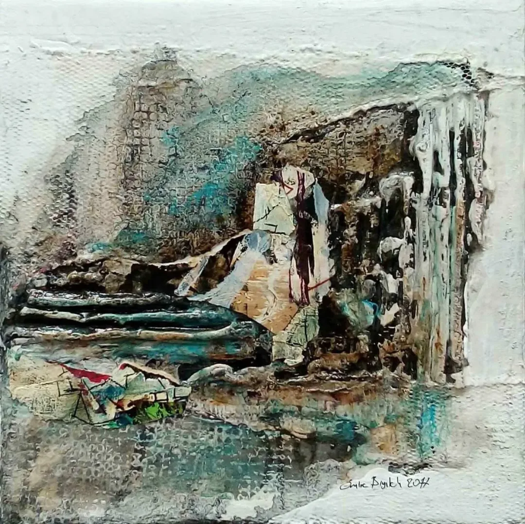 EMİNE BIYIKLI — “Boşluğun Sığınakları”, 2017 "Boşluğun Sığınakları" eseri EMİNE BIYIKLI tarafından 2017 yılında 25x25 cm ölçülerinde Tuval üzeri karışık teknik tekniği ile yapılmıştır.