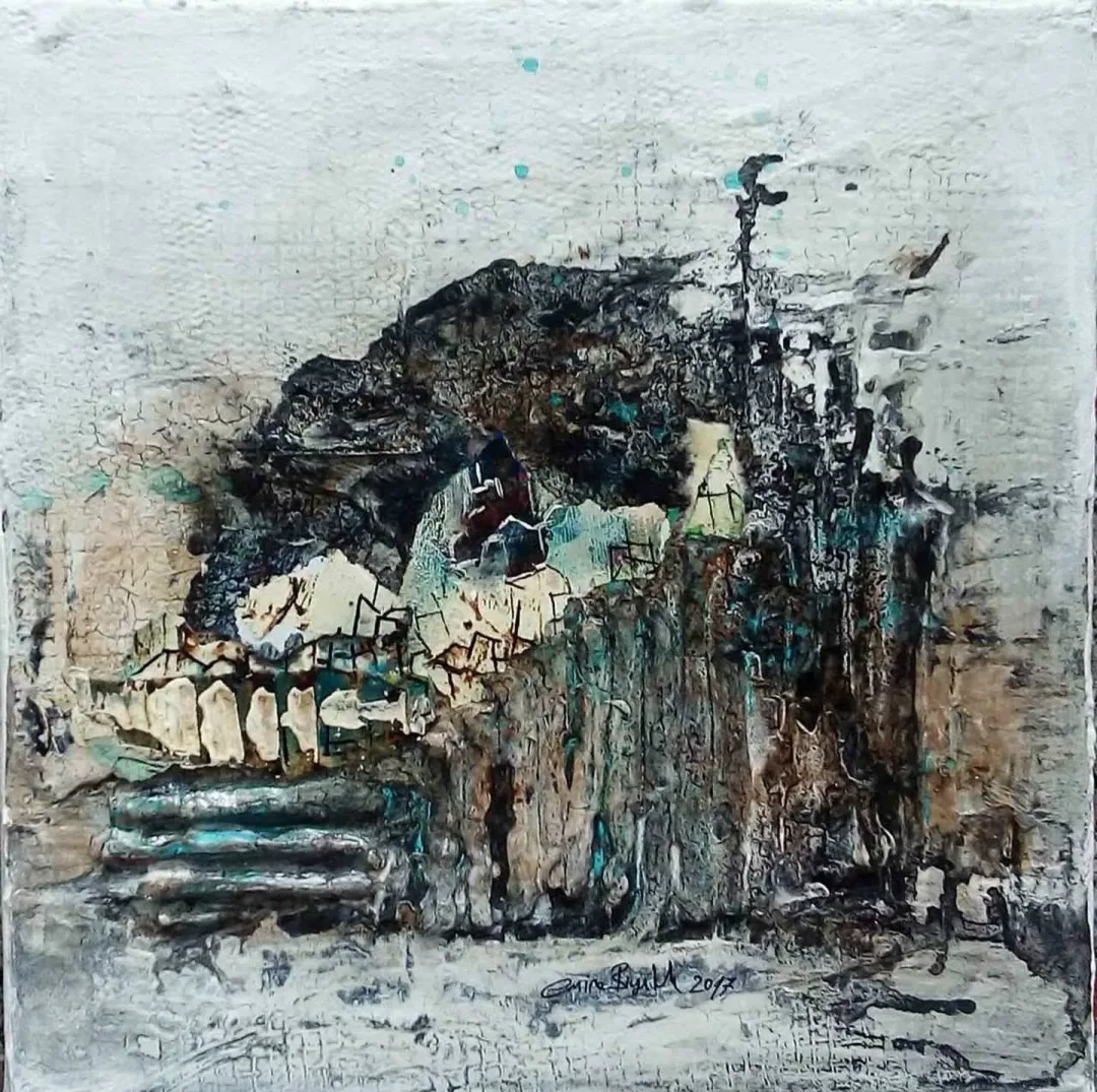 EMİNE BIYIKLI — “Boşluğun Sığınakları”, 2017 "Boşluğun Sığınakları" eseri EMİNE BIYIKLI tarafından 2017 yılında 25x25 cm ölçülerinde Tuval üzeri karışık teknik tekniği ile yapılmıştır.