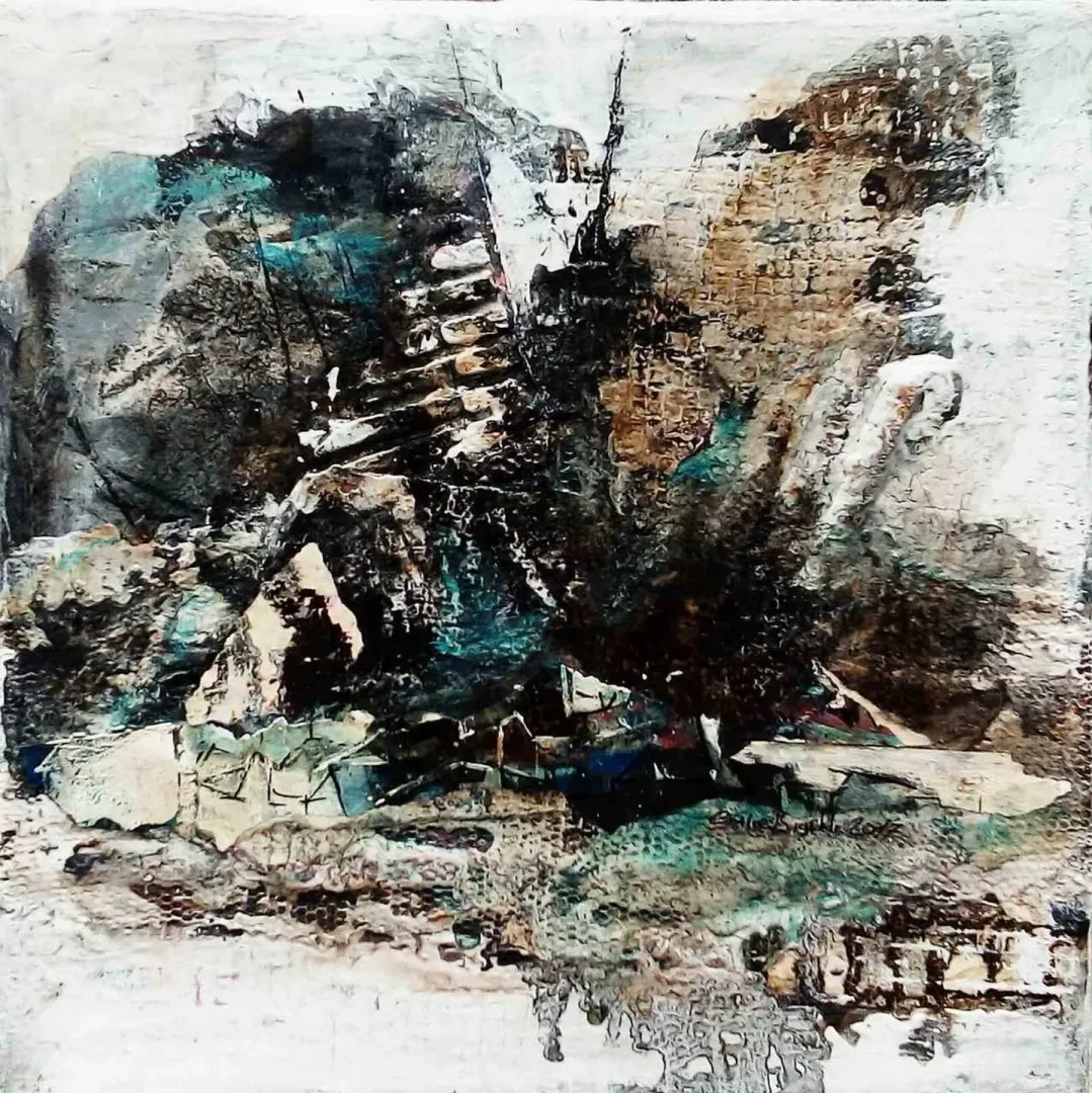 EMİNE BIYIKLI — “Boşluğun Sığınakları”, 2017 "Boşluğun Sığınakları" eseri EMİNE BIYIKLI tarafından 2017 yılında 25x25 cm ölçülerinde Tuval üzeri karışık teknik tekniği ile yapılmıştır.