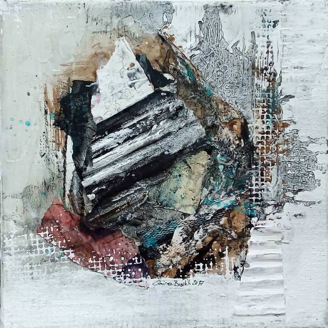 EMİNE BIYIKLI — “Boşluğun Sığınakları”, 2017 "Boşluğun Sığınakları" eseri EMİNE BIYIKLI tarafından 2017 yılında 25x25 cm ölçülerinde Tuval üzeri karışık teknik tekniği ile yapılmıştır.