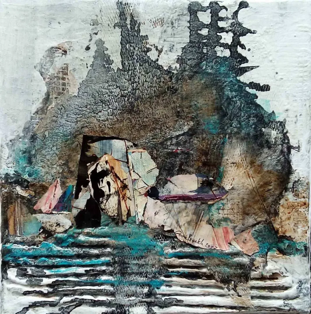 EMİNE BIYIKLI — “Boşluğun Sığınakları”, 2017 "Boşluğun Sığınakları" eseri EMİNE BIYIKLI tarafından 2017 yılında 25x25 cm ölçülerinde Tuval üzeri karışık teknik tekniği ile yapılmıştır.