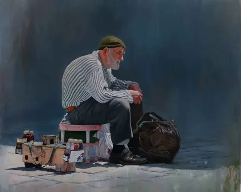 "Ayakkabı Boyacısı" eseri HASAN SAYGIN tarafından 2018 yılında 81x100 cm ölçülerinde Tuval üzeri yağlı boya tekniği ile yapılmıştır.