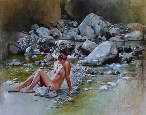 "Okuma-La Lecture" eseri HASAN SAYGIN tarafından 2018 yılında 114x146 cm ölçülerinde Tuval üzeri yağlı boya tekniği ile yapılmıştır.