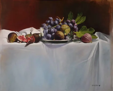 "Üzümlü Natürmort-Nature Morte Aux Raisins" eseri HASAN SAYGIN tarafından 2018 yılında 81x100 cm ölçülerinde Tuval üzeri yağlı boya tekniği ile yapılmıştır.