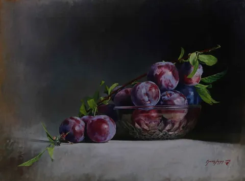 "Erikler -2" eseri HASAN SAYGIN tarafından 2016 yılında 54x73 cm ölçülerinde Tuval üzeri yağlı boya tekniği ile yapılmıştır.