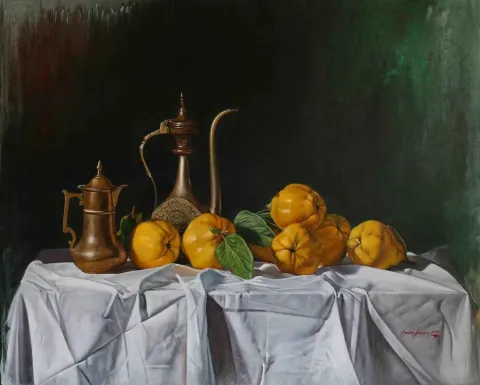 "Ayvalı Natürmort" eseri HASAN SAYGIN tarafından 2018 yılında 81x65 cm ölçülerinde Tuval üzeri yağlı boya tekniği ile yapılmıştır.