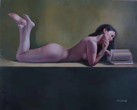 "La liseuse" eseri HASAN SAYGIN tarafından 2017 yılında 100x81 cm ölçülerinde Tuval üzeri yağlı boya tekniği ile yapılmıştır.