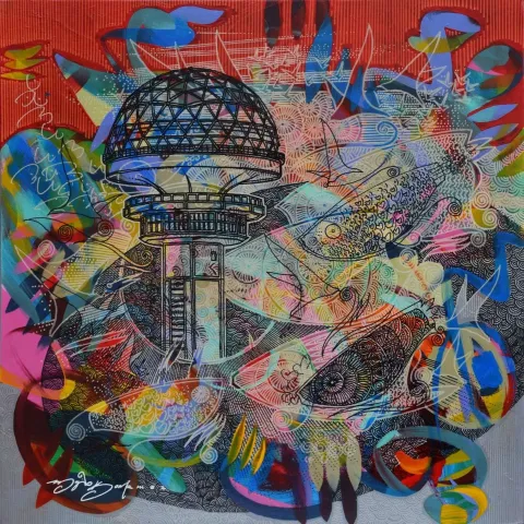 "Atakule" eseri ENGİN KORKMAZ tarafından 2019 yılında 40x40 cm ölçülerinde Tuval üzeri akrilik boya tekniği ile yapılmıştır.