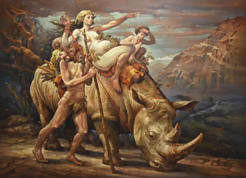"Vakit Erişti" eseri ADEM BAŞPINAR tarafından 2019 yılında 180x240 cm ölçülerinde Tuval üzeri akrilik boya tekniği ile yapılmıştır.