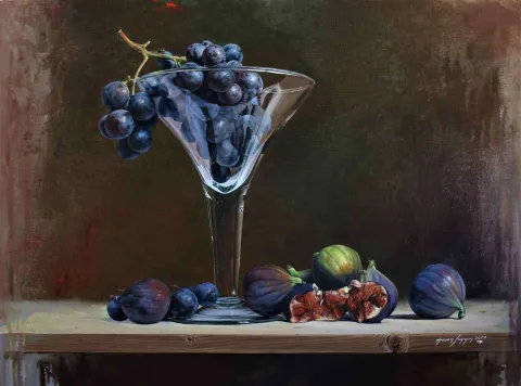 "Üzüm ve İncirler" eseri HASAN SAYGIN tarafından 2017 yılında 60x81 cm ölçülerinde Tuval üzeri yağlı boya tekniği ile yapılmıştır.