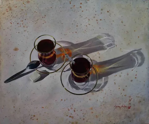 "Çay Bardağı" eseri HASAN SAYGIN tarafından 2016 yılında 46x55 cm ölçülerinde Tuval üzeri yağlı boya tekniği ile yapılmıştır.
