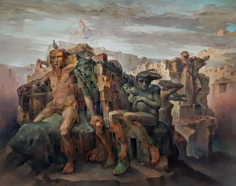 "Höyük" eseri ADEM BAŞPINAR tarafından 2019 yılında 80x100 cm ölçülerinde Tuval üzeri yağlı boya tekniği ile yapılmıştır.
