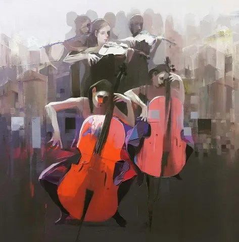 "Açık hava orkestrası" eseri HAKAN ERASLAN tarafından 2019 yılında 60x60 cm ölçülerinde Tuval üzeri akrilik boya tekniği ile yapılmıştır.