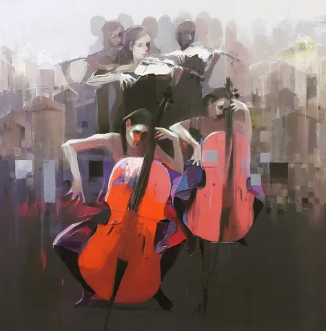 "Açık hava orkestrası" eseri HAKAN ERASLAN tarafından 2019 yılında 60x60 cm ölçülerinde Tuval üzeri akrilik boya tekniği ile yapılmıştır.