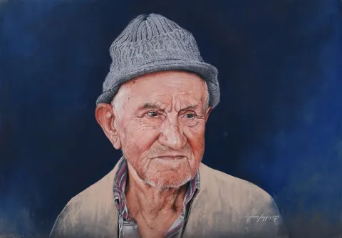 "Şapkalı yaşlı" eseri HASAN SAYGIN tarafından 100x70 cm ölçülerinde Kağıt üzeri pastel boya tekniği ile yapılmıştır.