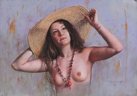 "Hasır şapkalı genç kız" eseri HASAN SAYGIN tarafından 70x50 cm ölçülerinde Kağıt üzeri pastel boya tekniği ile yapılmıştır.