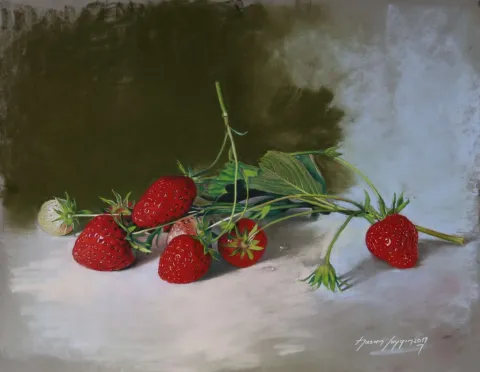 "Çilekler" eseri HASAN SAYGIN tarafından 33x43 cm ölçülerinde Kağıt üzeri pastel boya tekniği ile yapılmıştır.