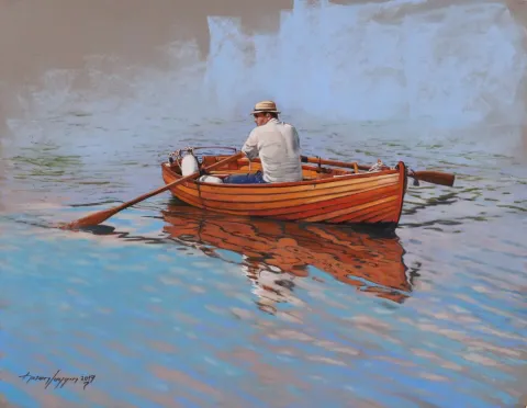 "Kayıkçı" eseri HASAN SAYGIN tarafından 33x43 cm ölçülerinde Kağıt üzeri pastel boya tekniği ile yapılmıştır.