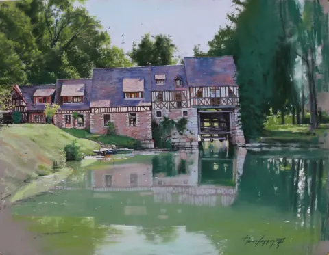 "Göl evi" eseri HASAN SAYGIN tarafından 33x43 cm ölçülerinde Kağıt üzeri pastel boya tekniği ile yapılmıştır.