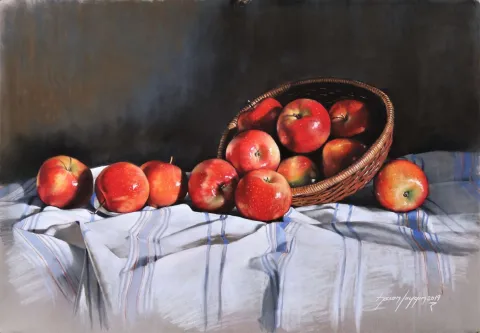 "Elmalar" eseri HASAN SAYGIN tarafından 33x47 cm ölçülerinde Kağıt üzeri pastel boya tekniği ile yapılmıştır.