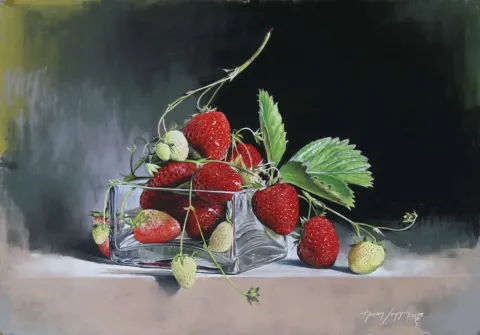"Çilekler" eseri HASAN SAYGIN tarafından 33x47 cm ölçülerinde Kağıt üzeri pastel boya tekniği ile yapılmıştır.