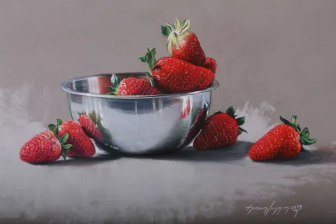 "Çilekler" eseri HASAN SAYGIN tarafından 33x47 cm ölçülerinde Kağıt üzeri pastel boya tekniği ile yapılmıştır.