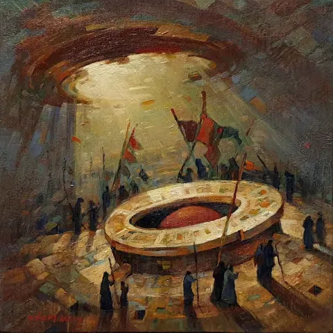 "Tavaf" eseri ADEM BAŞPINAR tarafından 2019 yılında 25x25 cm ölçülerinde Tuval üzeri akrilik boya tekniği ile yapılmıştır.