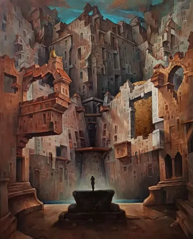 "Mahal" eseri ADEM BAŞPINAR tarafından 2019 yılında 160x130 cm ölçülerinde Tuval üzeri akrilik boya tekniği ile yapılmıştır.