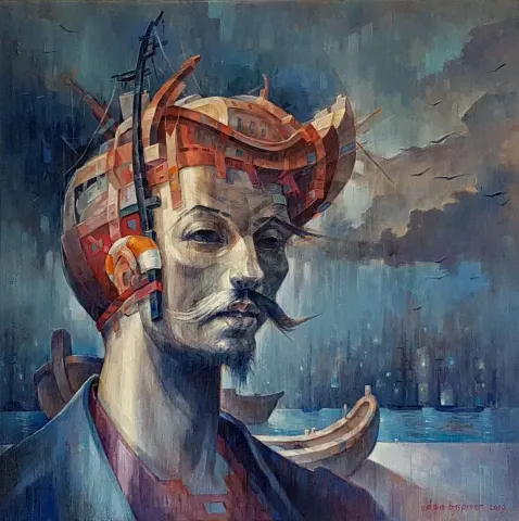 "Temel Reis-II" eseri ADEM BAŞPINAR tarafından 2019 yılında 60x60 cm ölçülerinde Tuval üzeri akrilik boya tekniği ile yapılmıştır.