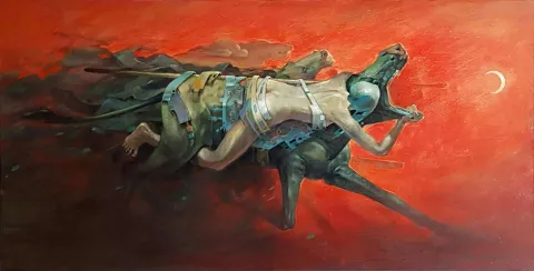 "Seferi" eseri ADEM BAŞPINAR tarafından 2019 yılında 70x140 cm ölçülerinde Tuval üzeri akrilik boya tekniği ile yapılmıştır.