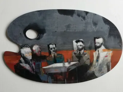 "İsimsiz" eseri ERCAN AYÇİÇEK tarafından 2020 yılında 33x52 cm ölçülerinde Ahşap palet üzeri akrilik boya tekniği ile yapılmıştır.