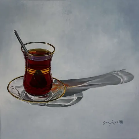 "Çay Bardağı" eseri HASAN SAYGIN tarafından 2020 yılında 40x40 cm ölçülerinde Tuval üzeri yağlı boya tekniği ile yapılmıştır.