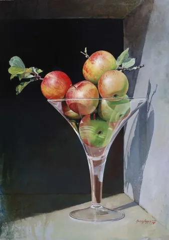 "Elmalar" eseri HASAN SAYGIN tarafından 73x54 cm ölçülerinde Tuval üzeri yağlı boya tekniği ile yapılmıştır.