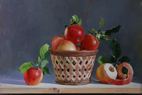 "Elma Sepeti" eseri HASAN SAYGIN tarafından 2019 yılında 65x81 cm ölçülerinde Tuval üzeri yağlı boya tekniği ile yapılmıştır.