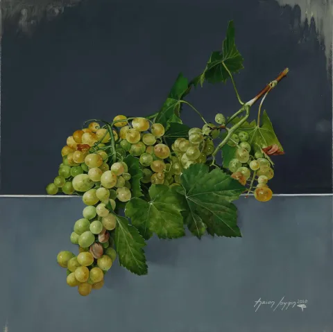 "Beyaz üzüm" eseri HASAN SAYGIN tarafından 40x40 cm ölçülerinde Tuval üzeri yağlı boya tekniği ile yapılmıştır.