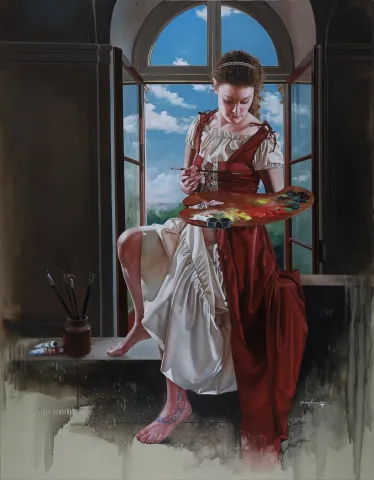 "Paletli Cindy" eseri HASAN SAYGIN tarafından 2021 yılında 146x114 cm ölçülerinde Tuval üzeri yağlı boya tekniği ile yapılmıştır.
