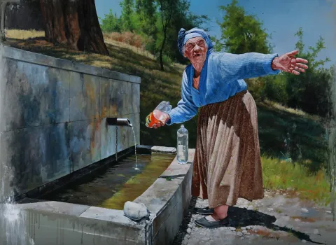 "Çeşme Başı" eseri HASAN SAYGIN tarafından 2021 yılında 130x97 cm ölçülerinde Tuval üzeri yağlı boya tekniği ile yapılmıştır.