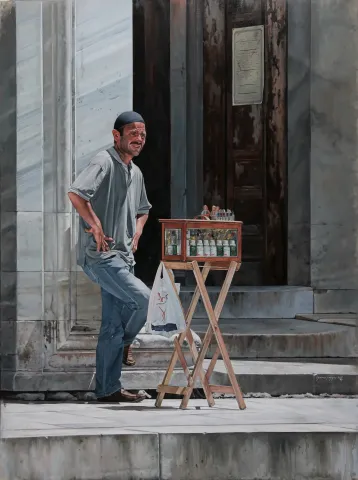 "Cami önü" eseri HASAN SAYGIN tarafından 2021 yılında 130x97 cm ölçülerinde Tuval üzeri yağlı boya tekniği ile yapılmıştır.