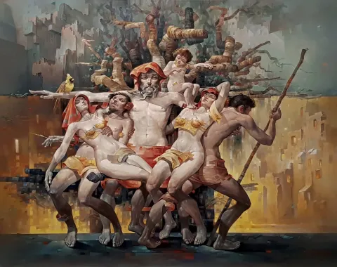 "Dirlik" eseri ADEM BAŞPINAR tarafından 2021 yılında 182x217 cm ölçülerinde Tuval üzeri yağlı boya tekniği ile yapılmıştır.