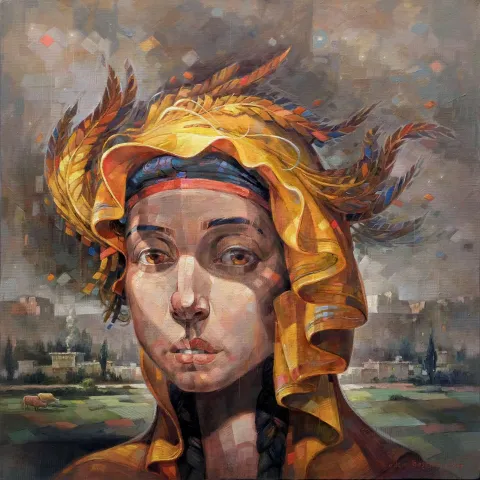 "Feride" eseri ADEM BAŞPINAR tarafından 2022 yılında 60x60 cm ölçülerinde Tuval üzeri akrilik boya tekniği ile yapılmıştır.