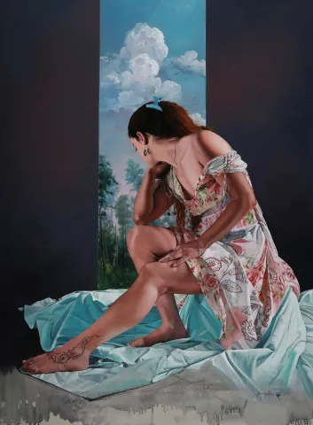 "Düşünen Kadın - La Penceuse" eseri HASAN SAYGIN tarafından 2022 yılında 130x97 cm ölçülerinde Tuval üzeri yağlı boya tekniği ile yapılmıştır.