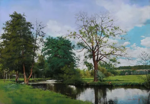 "Nehir kenarı" eseri HASAN SAYGIN tarafından 100x70 cm ölçülerinde Kağıt üzeri pastel boya tekniği ile yapılmıştır.