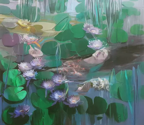 "Ophelia" eseri HAKAN ERASLAN tarafından 2023 yılında 90x100 cm ölçülerinde Tuval üzeri akrilik boya tekniği ile yapılmıştır.