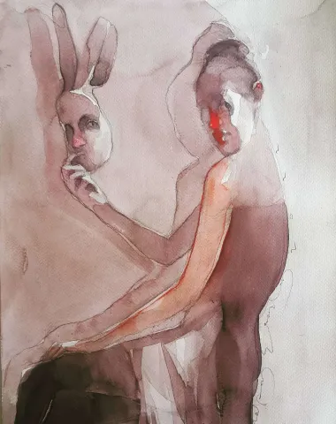 "Persona" eseri HAKAN ERASLAN tarafından 2022 yılında 41x29 cm ölçülerinde Kağıt üzeri sulu boya tekniği ile yapılmıştır.