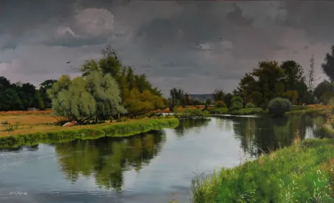 "Sakin Nehir" eseri HASAN SAYGIN tarafından 2023 yılında 89x146 cm ölçülerinde Tuval üzeri yağlı boya tekniği ile yapılmıştır.
