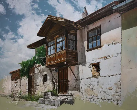 "Türk Evi" eseri HASAN SAYGIN tarafından 2022 yılında 65x81 cm ölçülerinde Tuval üzeri yağlı boya tekniği ile yapılmıştır.