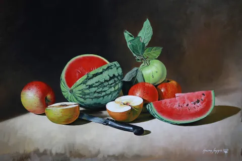 "Karpuz" eseri HASAN SAYGIN tarafından 2022 yılında 60x81 cm ölçülerinde Tuval üzeri yağlı boya tekniği ile yapılmıştır.